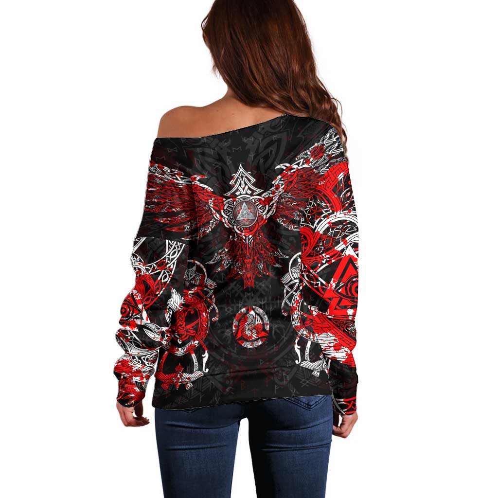 Raven And Norse Runes Off Shoulder Sweater Viking - Wonder Print Shop