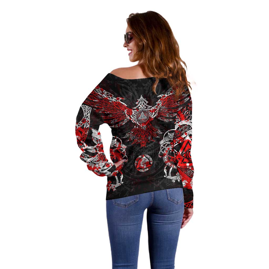 Raven And Norse Runes Off Shoulder Sweater Viking - Wonder Print Shop