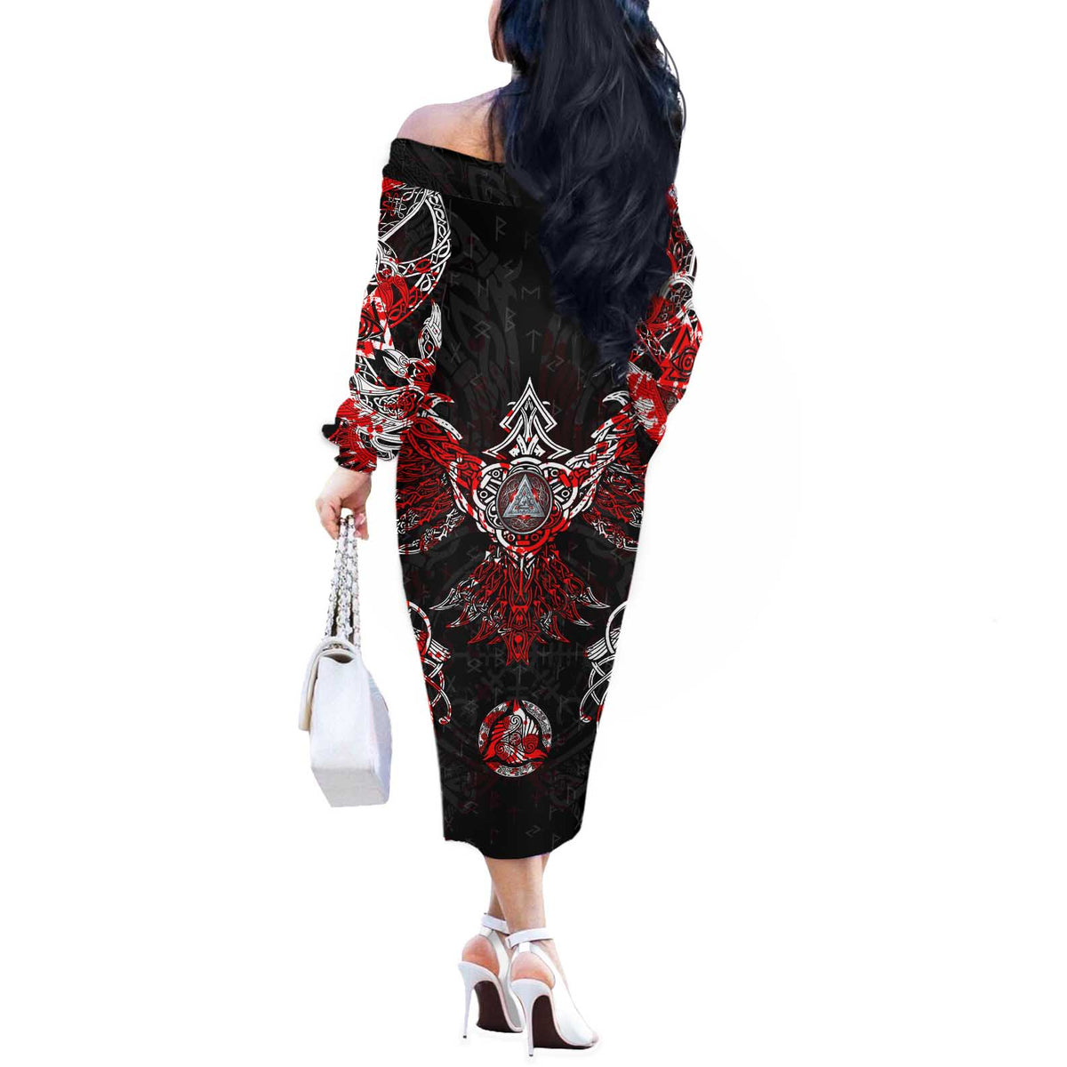 Raven And Norse Runes Off The Shoulder Long Sleeve Dress Viking - Wonder Print Shop