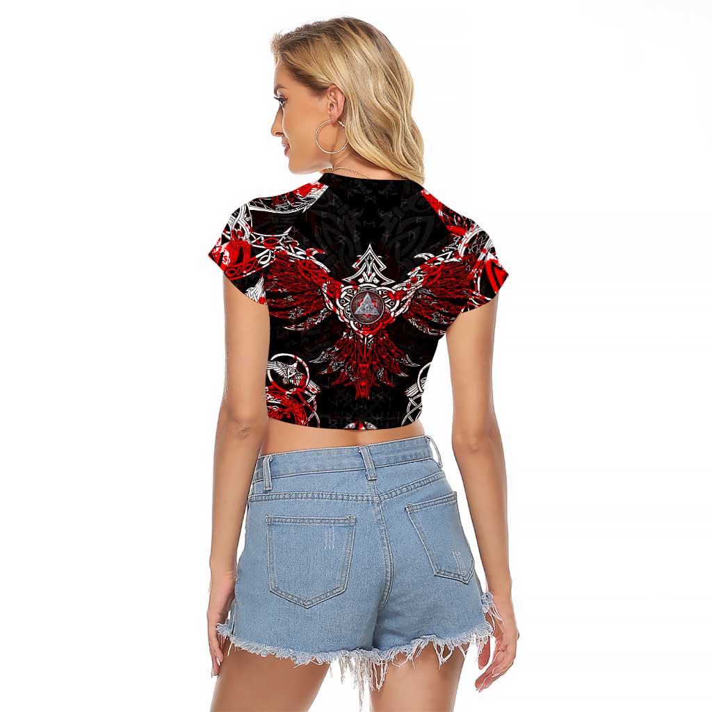 Raven And Norse Runes Raglan Cropped T Shirt Viking - Wonder Print Shop