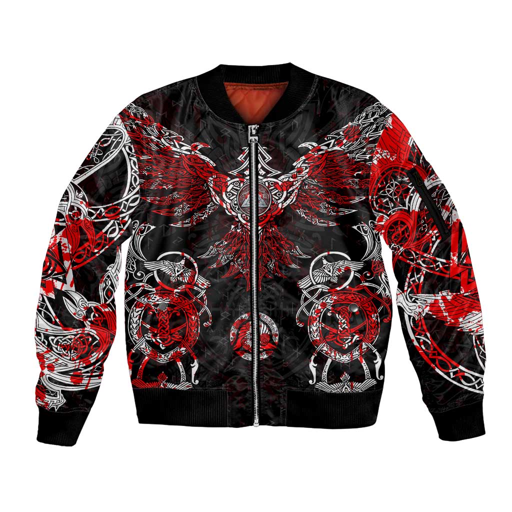 Raven And Norse Runes Sleeve Zip Bomber Jacket Viking - Wonder Print Shop
