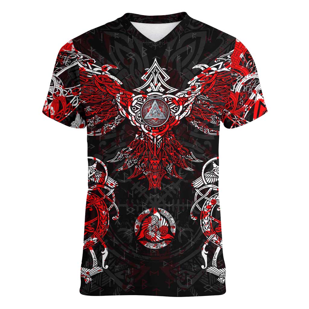 Raven And Norse Runes Women V-Neck T-Shirt Viking - Wonder Print Shop