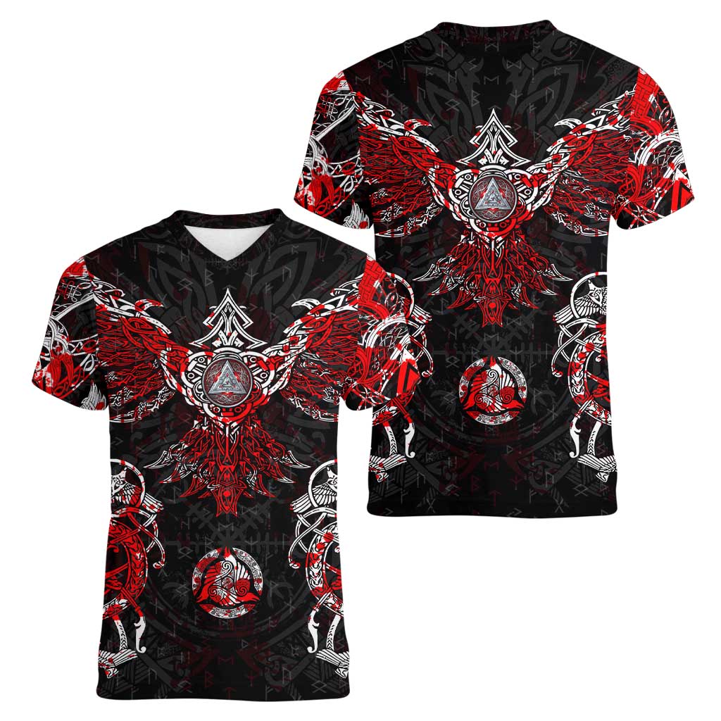 Raven And Norse Runes Women V-Neck T-Shirt Viking - Wonder Print Shop