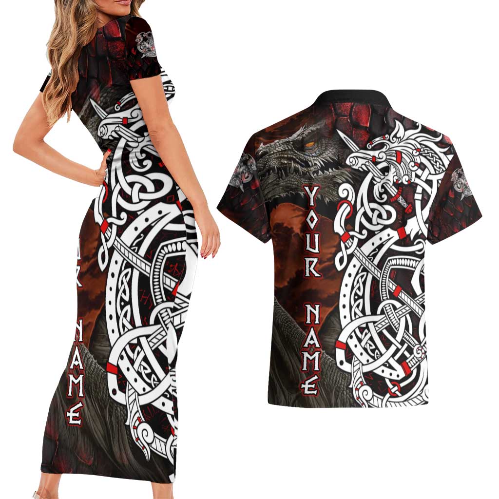 Viking Dragons Couples Matching Short Sleeve Bodycon Dress and Hawaiian Shirt Norse Mythology - Wonder Print Shop