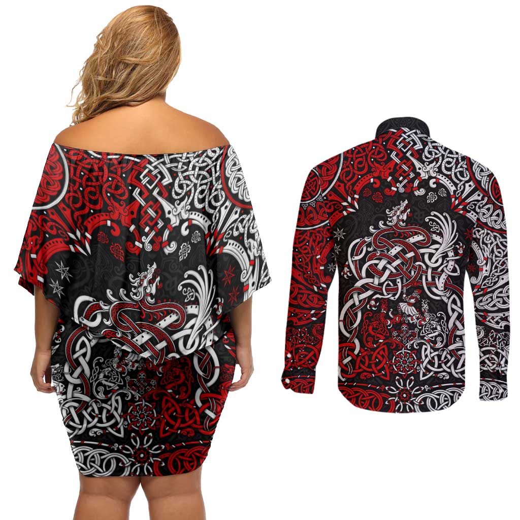 Viking Warrior And Viking Dragons Couples Matching Off Shoulder Short Dress and Long Sleeve Button Shirt - Wonder Print Shop
