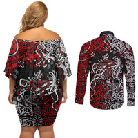 Viking Warrior And Viking Dragons Couples Matching Off Shoulder Short Dress and Long Sleeve Button Shirt - Wonder Print Shop
