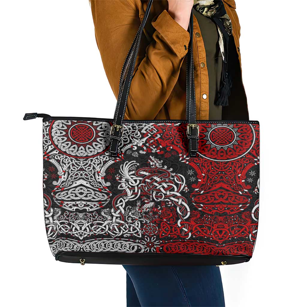 Viking Warrior And Viking Dragons Leather Tote Bag - Wonder Print Shop