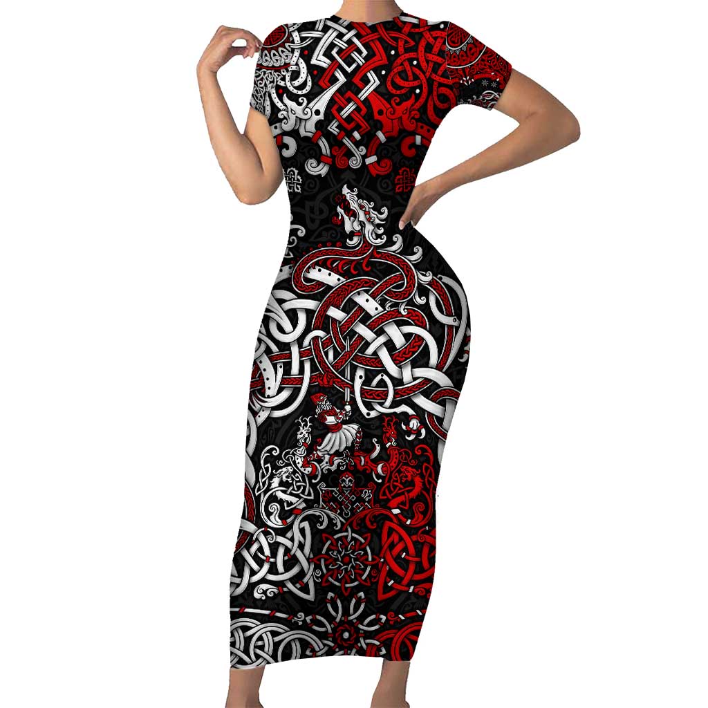 Viking Warrior And Viking Dragons Short Sleeve Bodycon Dress - Wonder Print Shop