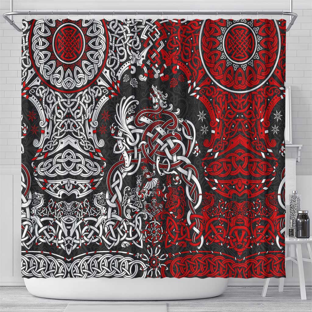Viking Warrior And Viking Dragons Shower Curtain