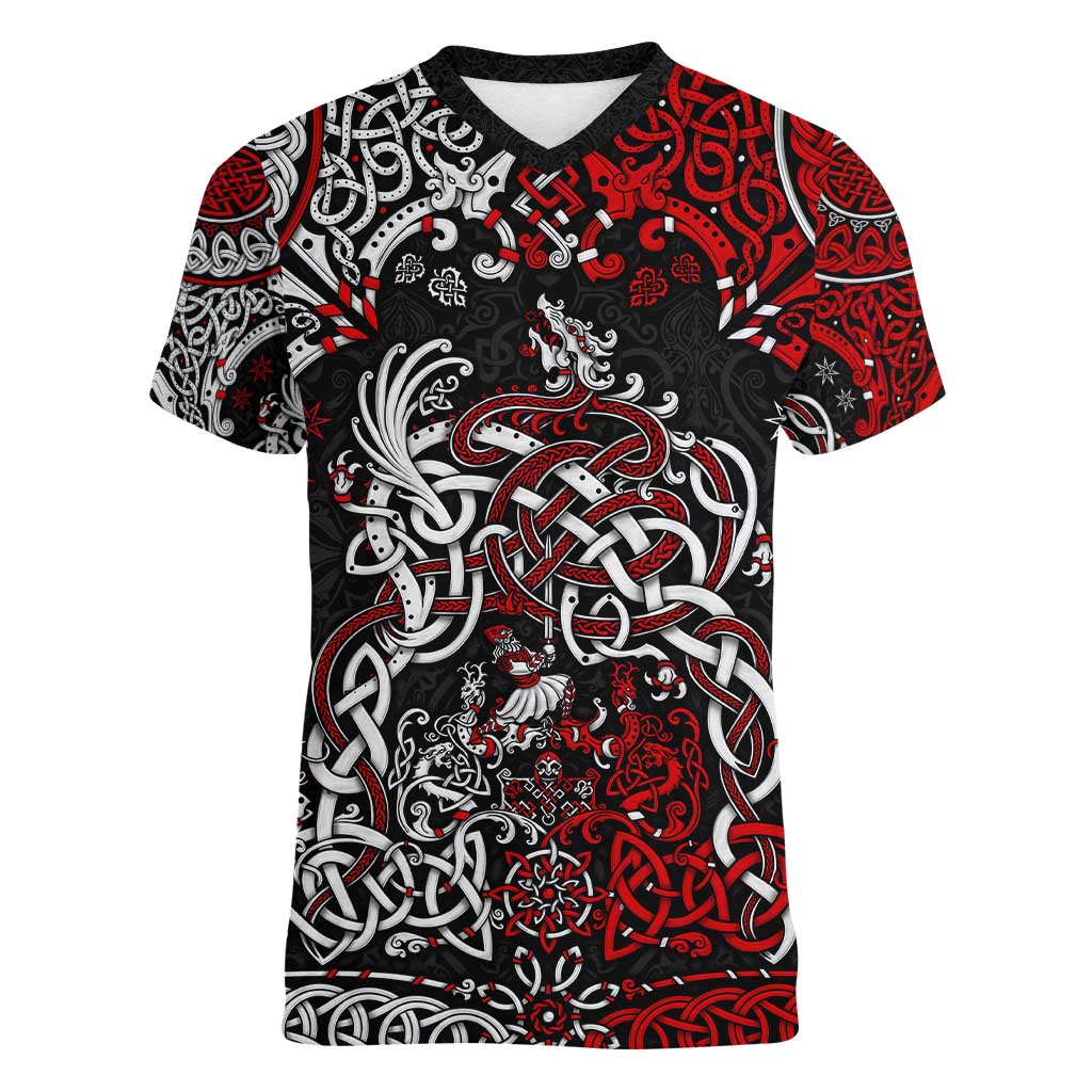 Viking Warrior And Viking Dragons Women V-Neck T-Shirt - Wonder Print Shop