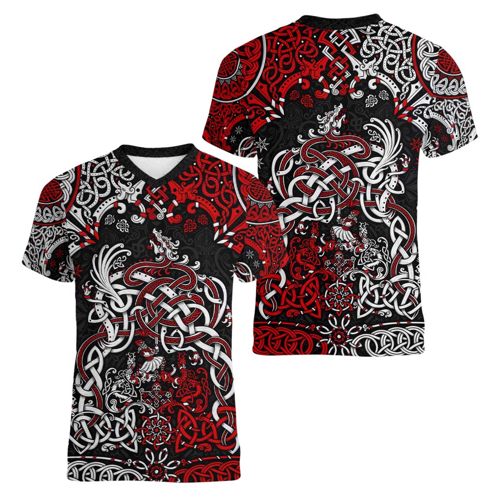 Viking Warrior And Viking Dragons Women V-Neck T-Shirt - Wonder Print Shop