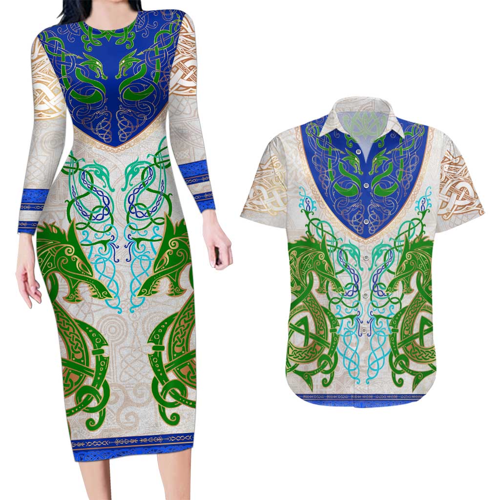 Dragon Celtic Knot Couples Matching Long Sleeve Bodycon Dress and Hawaiian Shirt - Wonder Print Shop