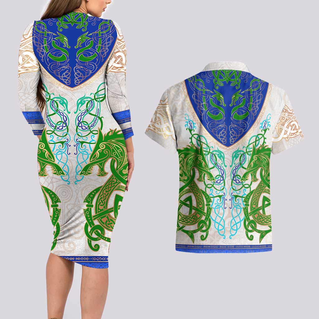 Dragon Celtic Knot Couples Matching Long Sleeve Bodycon Dress and Hawaiian Shirt - Wonder Print Shop