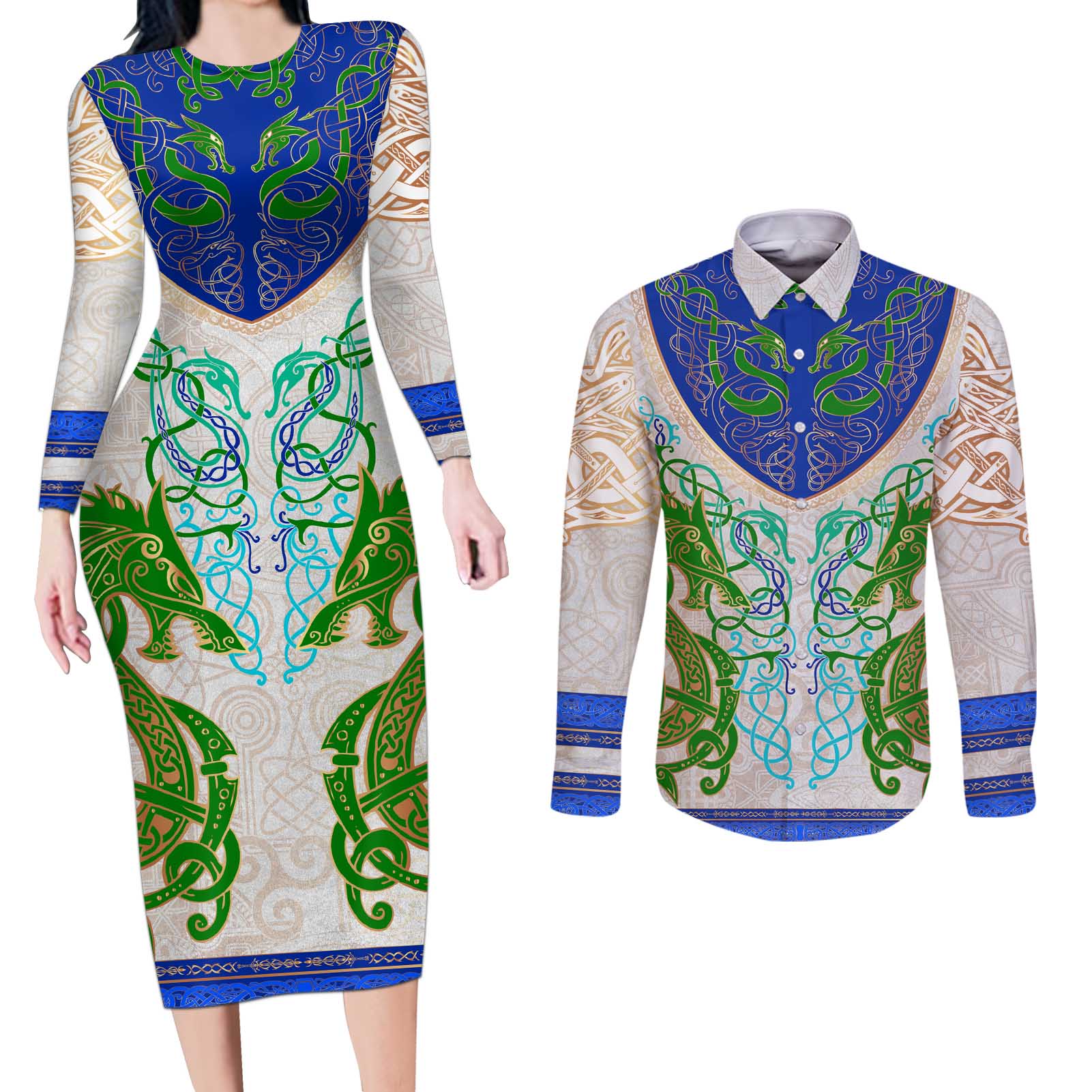 Dragon Celtic Knot Couples Matching Long Sleeve Bodycon Dress and Long Sleeve Button Shirt - Wonder Print Shop