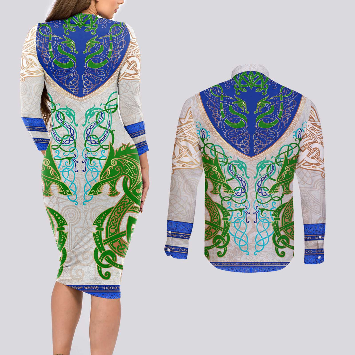 Dragon Celtic Knot Couples Matching Long Sleeve Bodycon Dress and Long Sleeve Button Shirt - Wonder Print Shop
