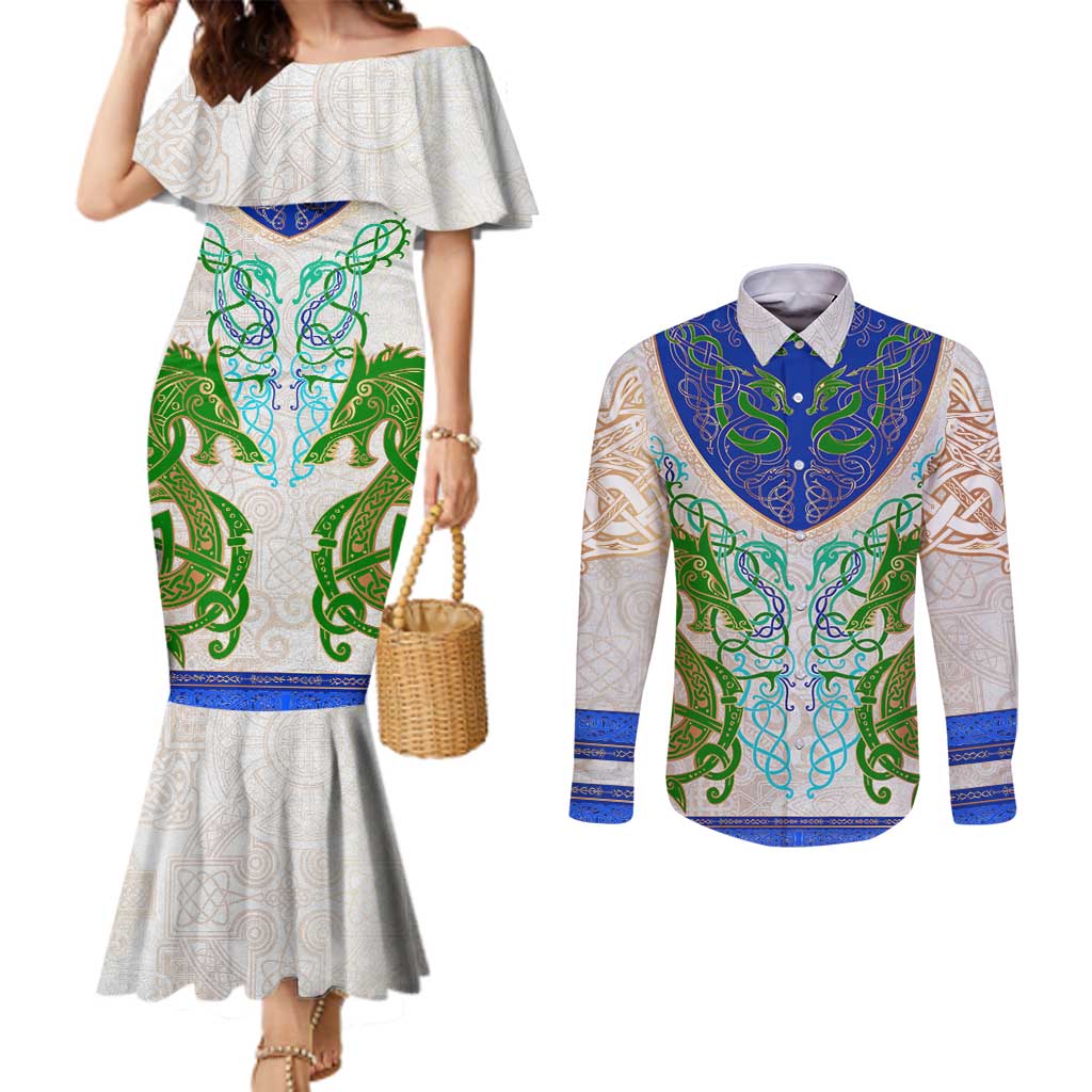 Dragon Celtic Knot Couples Matching Mermaid Dress and Long Sleeve Button Shirt