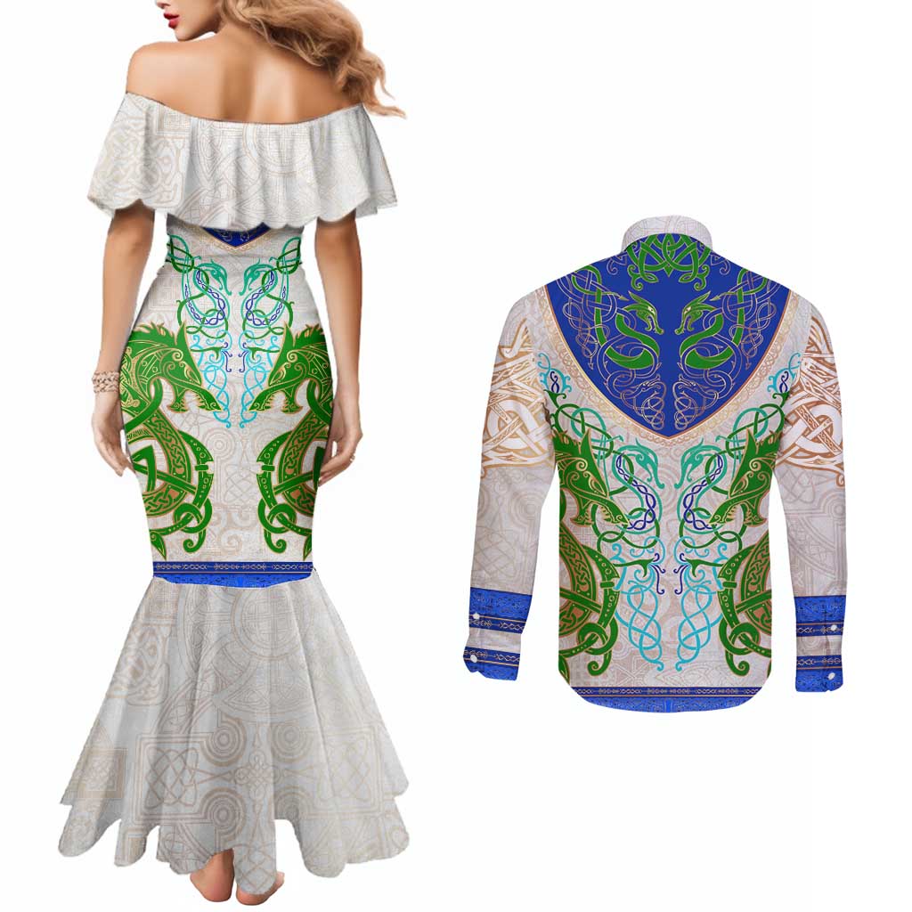 Dragon Celtic Knot Couples Matching Mermaid Dress and Long Sleeve Button Shirt