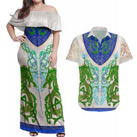 Dragon Celtic Knot Couples Matching Off Shoulder Maxi Dress and Hawaiian Shirt - Wonder Print Shop