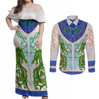 Dragon Celtic Knot Couples Matching Off Shoulder Maxi Dress and Long Sleeve Button Shirt - Wonder Print Shop