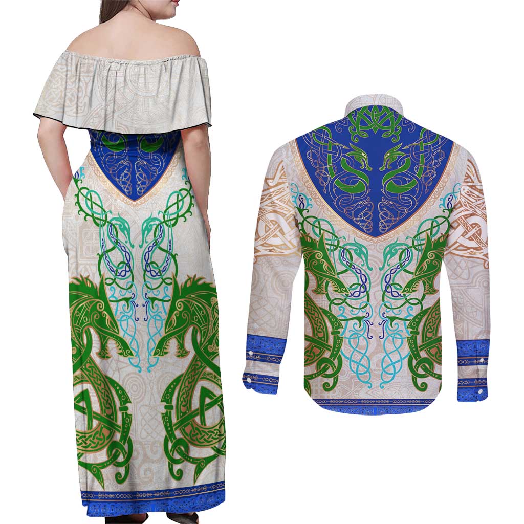 Dragon Celtic Knot Couples Matching Off Shoulder Maxi Dress and Long Sleeve Button Shirt - Wonder Print Shop