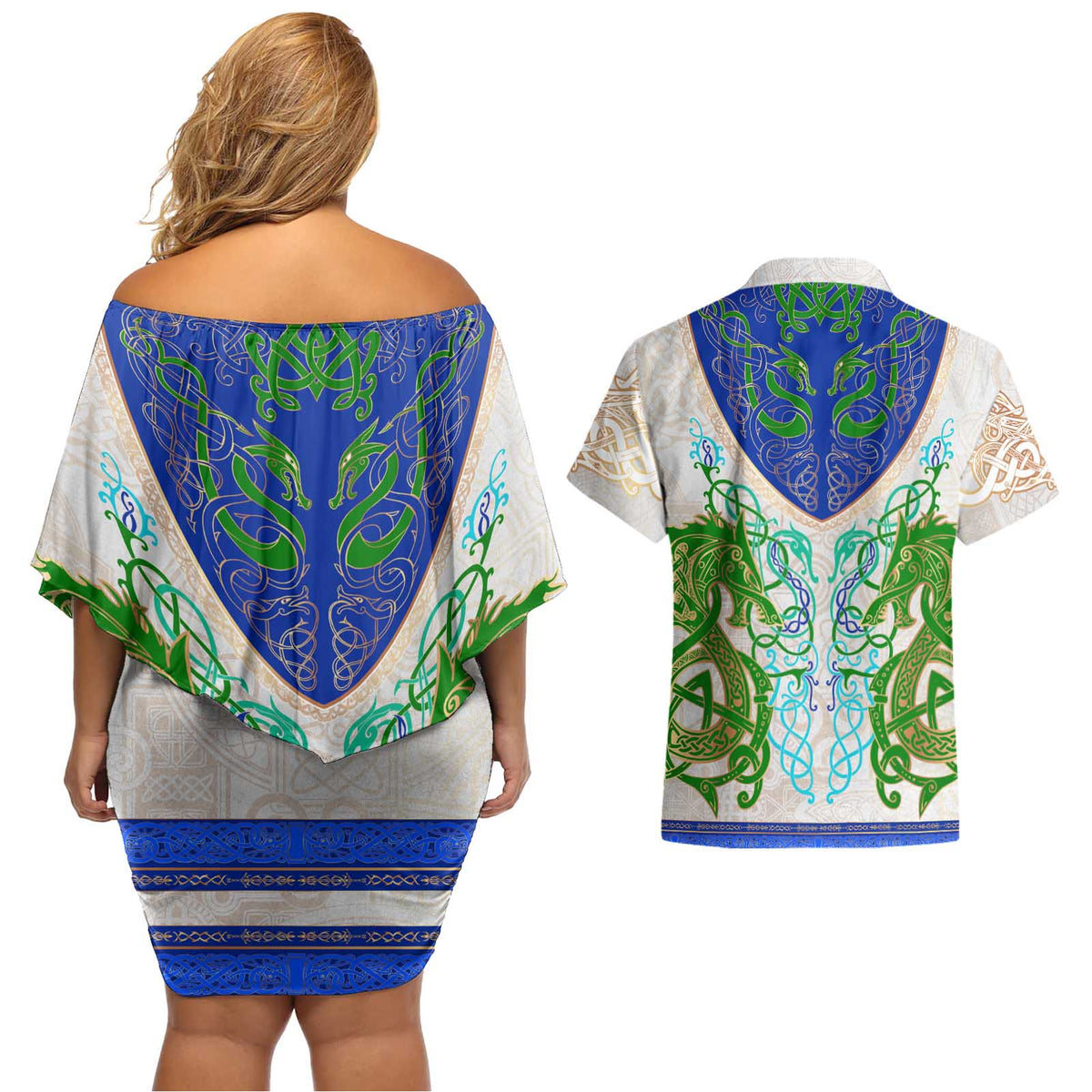 Dragon Celtic Knot Couples Matching Off Shoulder Short Dress and Hawaiian Shirt - Wonder Print Shop