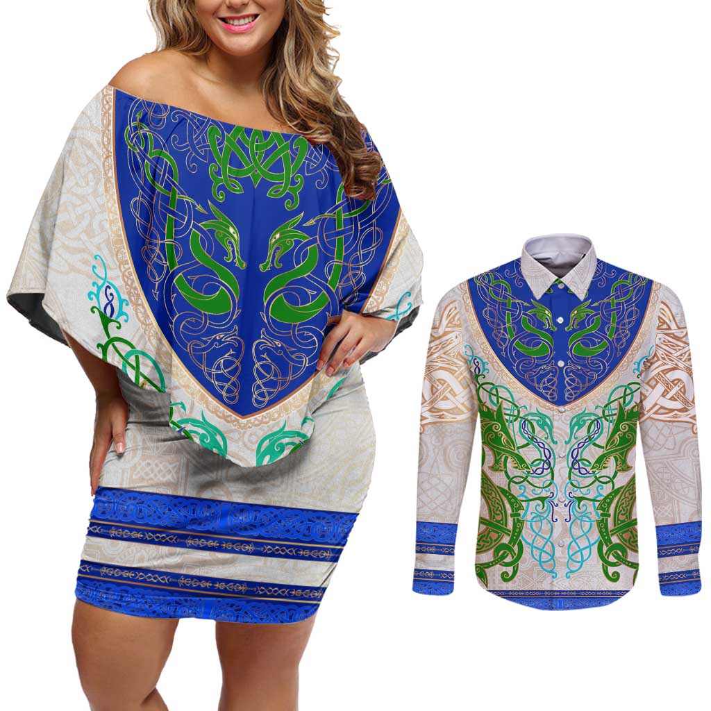 Dragon Celtic Knot Couples Matching Off Shoulder Short Dress and Long Sleeve Button Shirt - Wonder Print Shop