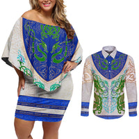 Dragon Celtic Knot Couples Matching Off Shoulder Short Dress and Long Sleeve Button Shirt - Wonder Print Shop