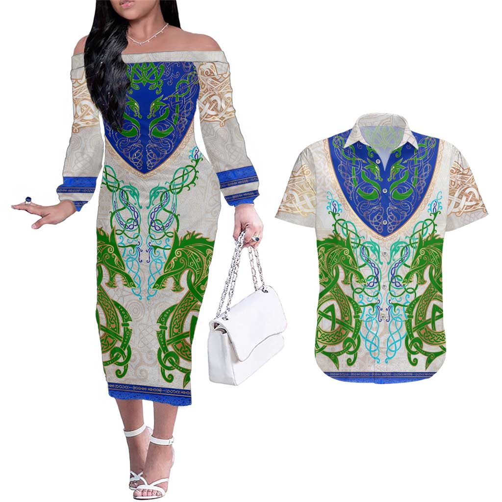 Dragon Celtic Knot Couples Matching Off The Shoulder Long Sleeve Dress and Hawaiian Shirt - Wonder Print Shop