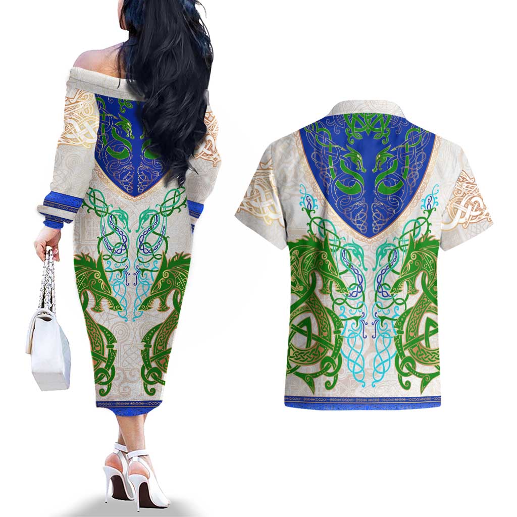 Dragon Celtic Knot Couples Matching Off The Shoulder Long Sleeve Dress and Hawaiian Shirt - Wonder Print Shop