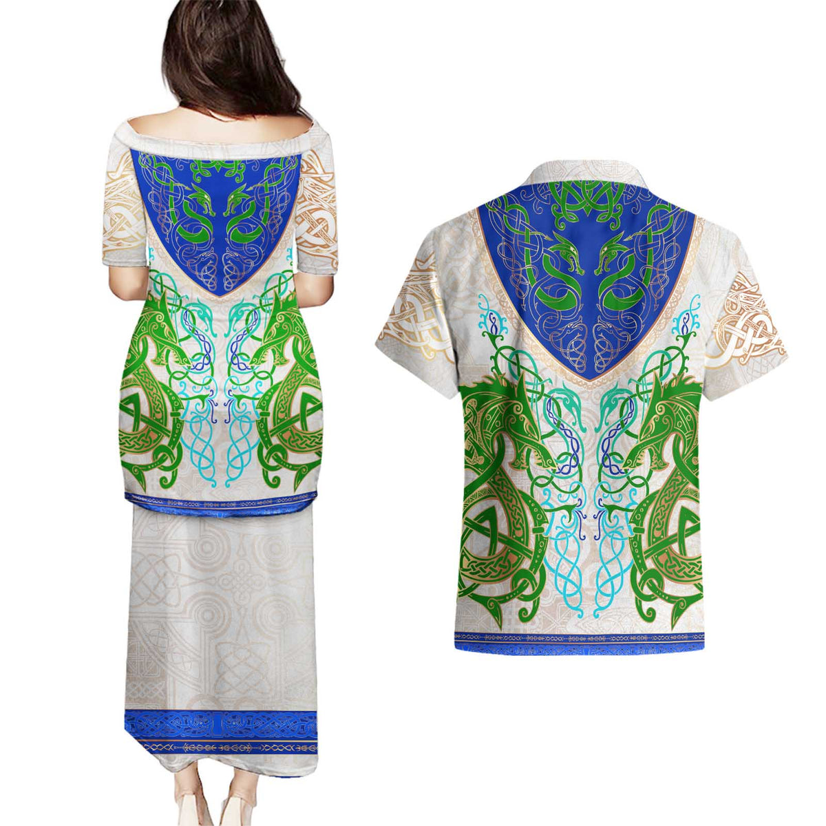 Dragon Celtic Knot Couples Matching Puletasi and Hawaiian Shirt - Wonder Print Shop
