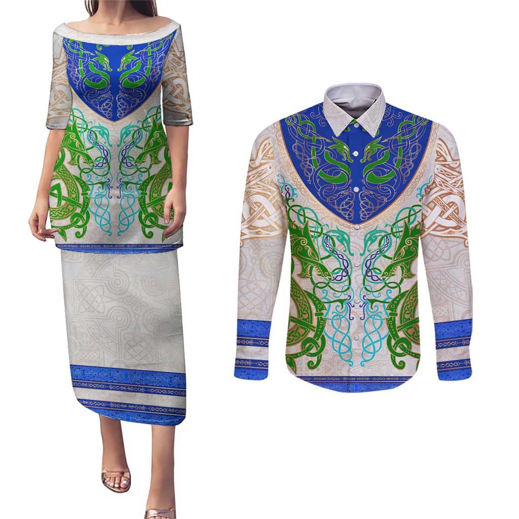 Dragon Celtic Knot Couples Matching Puletasi and Long Sleeve Button Shirt - Wonder Print Shop
