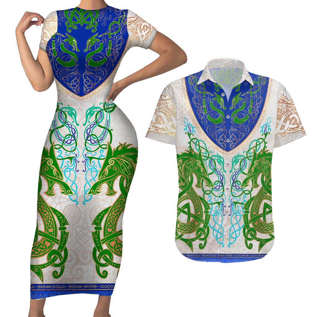 Dragon Celtic Knot Couples Matching Short Sleeve Bodycon Dress and Hawaiian Shirt - Wonder Print Shop