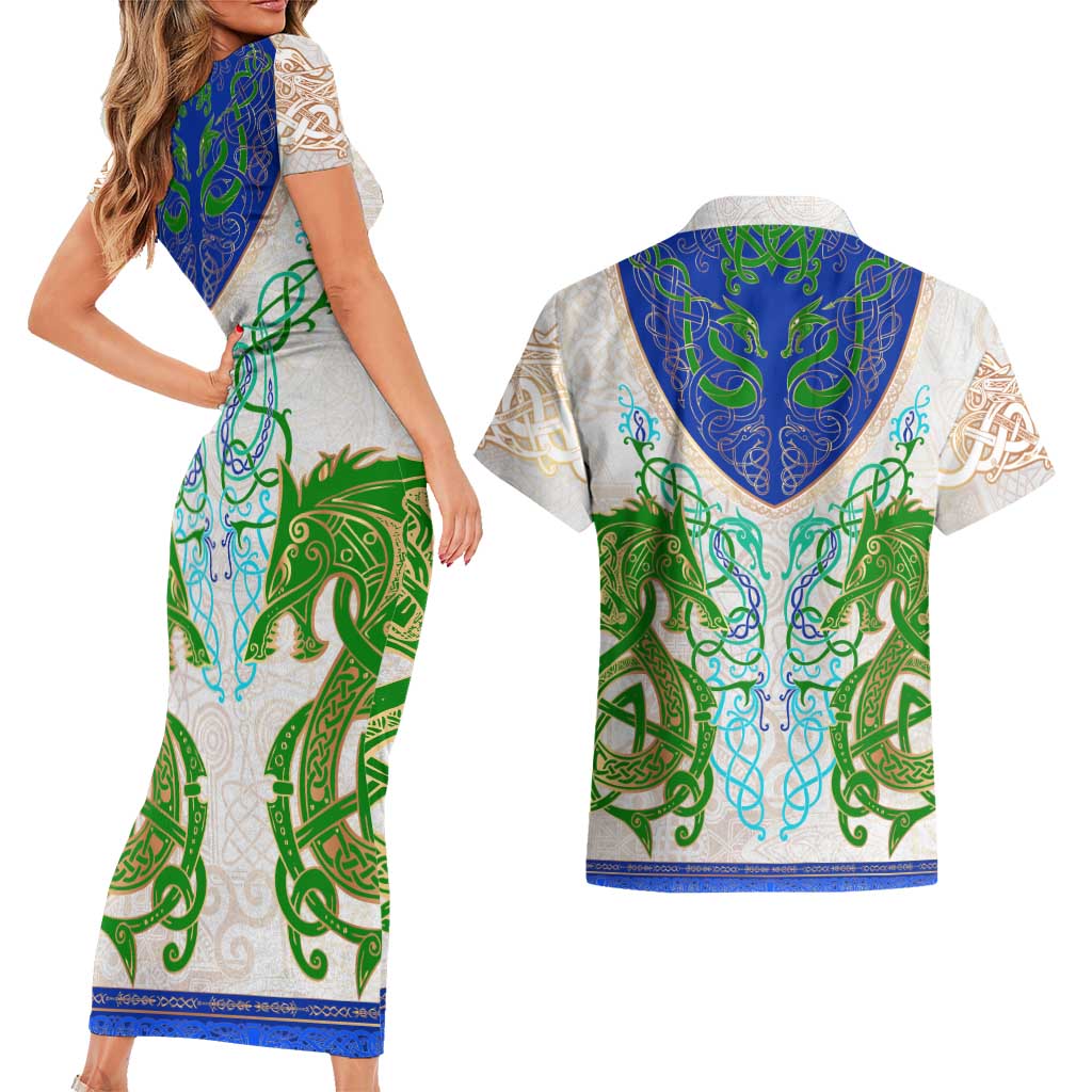 Dragon Celtic Knot Couples Matching Short Sleeve Bodycon Dress and Hawaiian Shirt - Wonder Print Shop