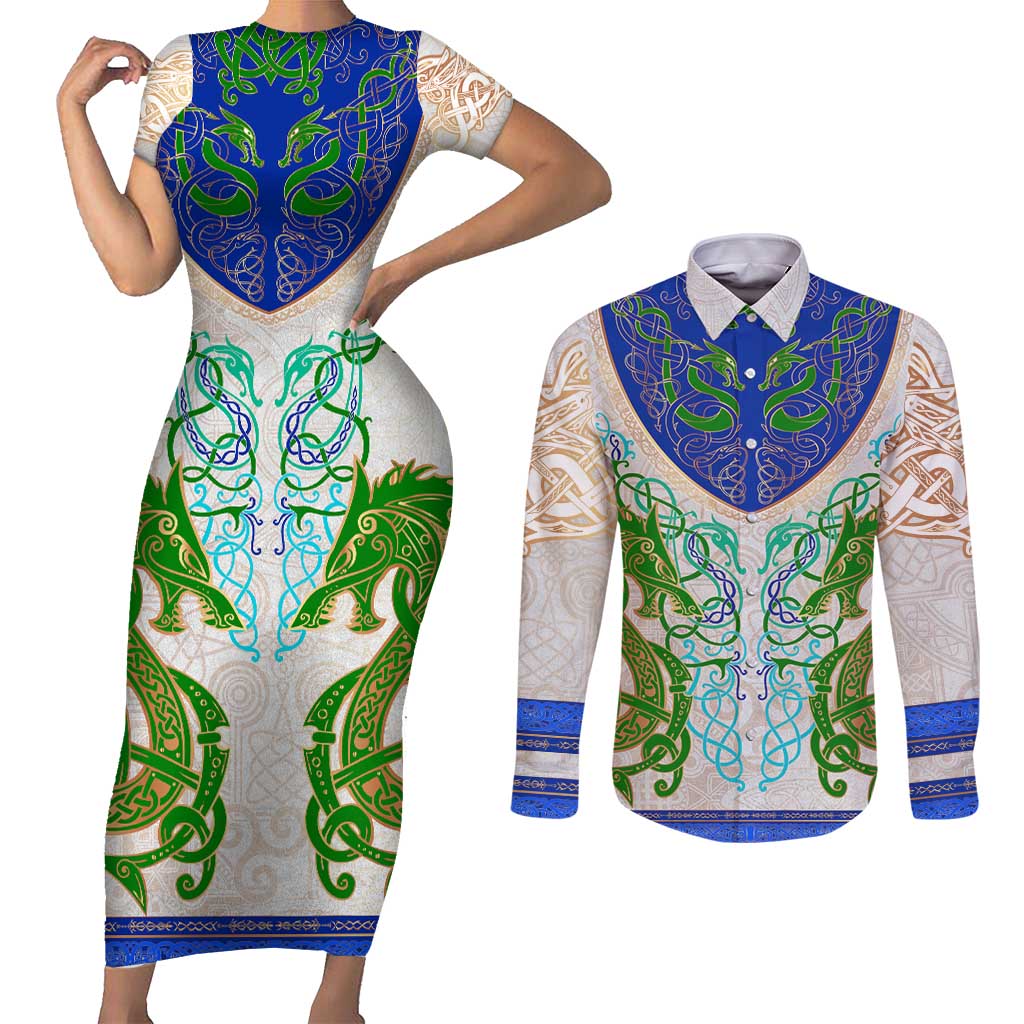 Dragon Celtic Knot Couples Matching Short Sleeve Bodycon Dress and Long Sleeve Button Shirt - Wonder Print Shop