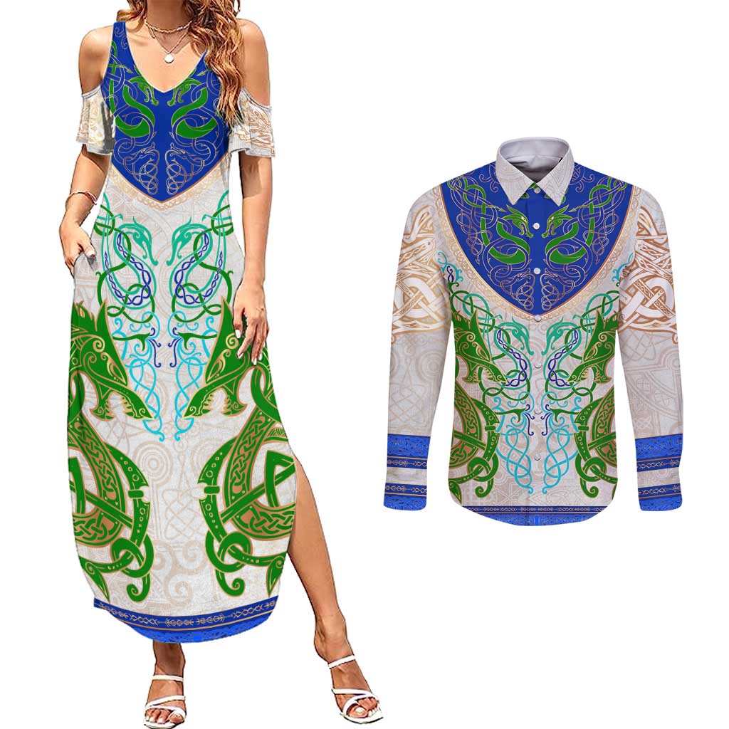 Dragon Celtic Knot Couples Matching Summer Maxi Dress and Long Sleeve Button Shirt - Wonder Print Shop