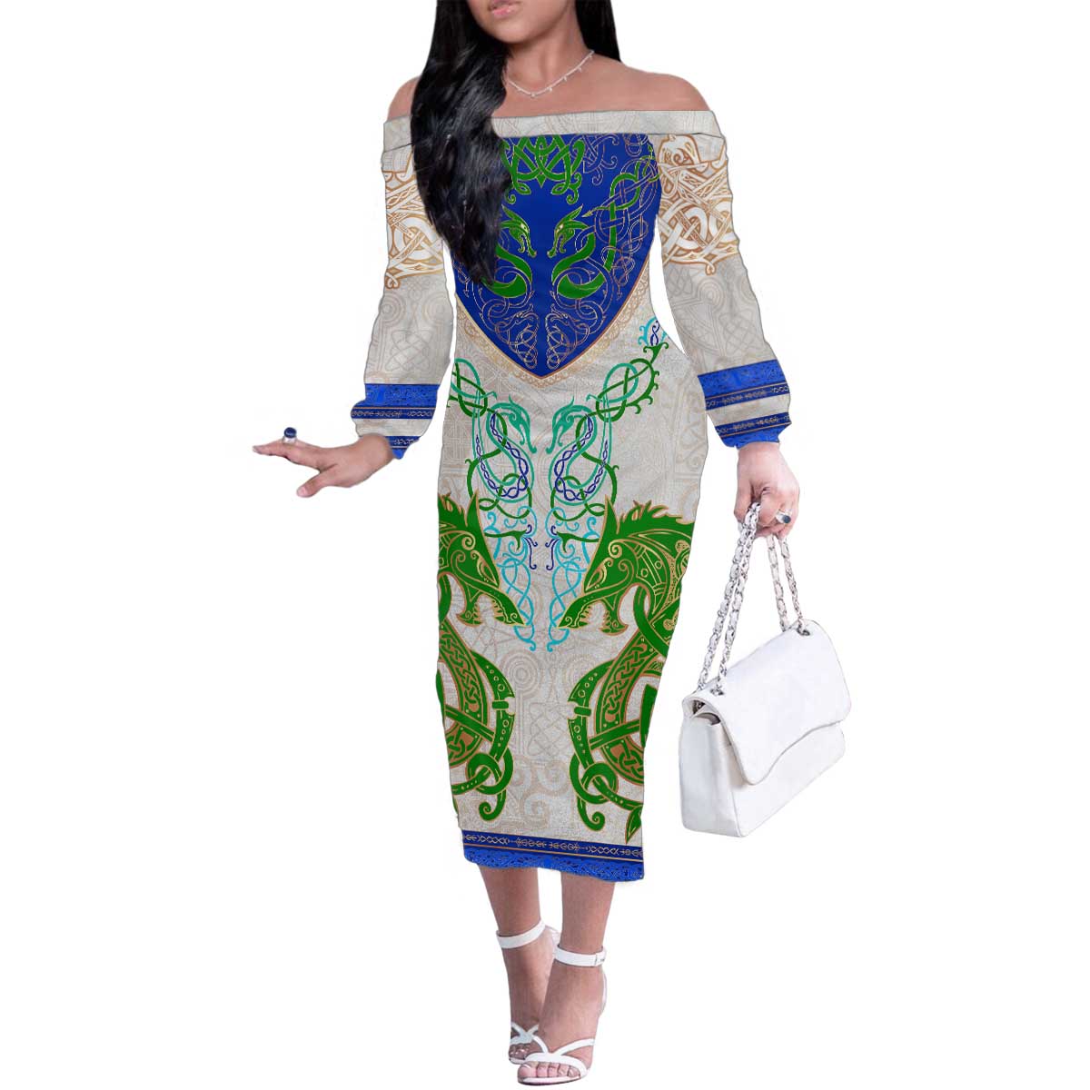 Dragon Celtic Knot Family Matching Off The Shoulder Long Sleeve Dress and Hawaiian Shirt - Wonder Print Shop