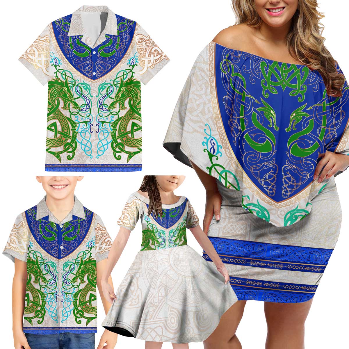 Dragon Celtic Knot Family Matching Off Shoulder Short Dress and Hawaiian Shirt - Wonder Print Shop