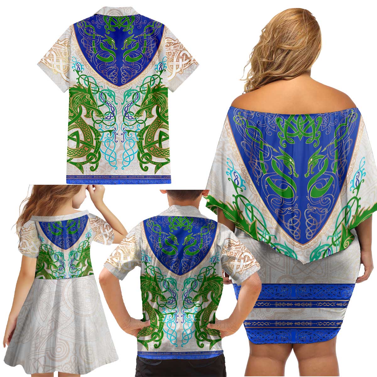 Dragon Celtic Knot Family Matching Off Shoulder Short Dress and Hawaiian Shirt - Wonder Print Shop