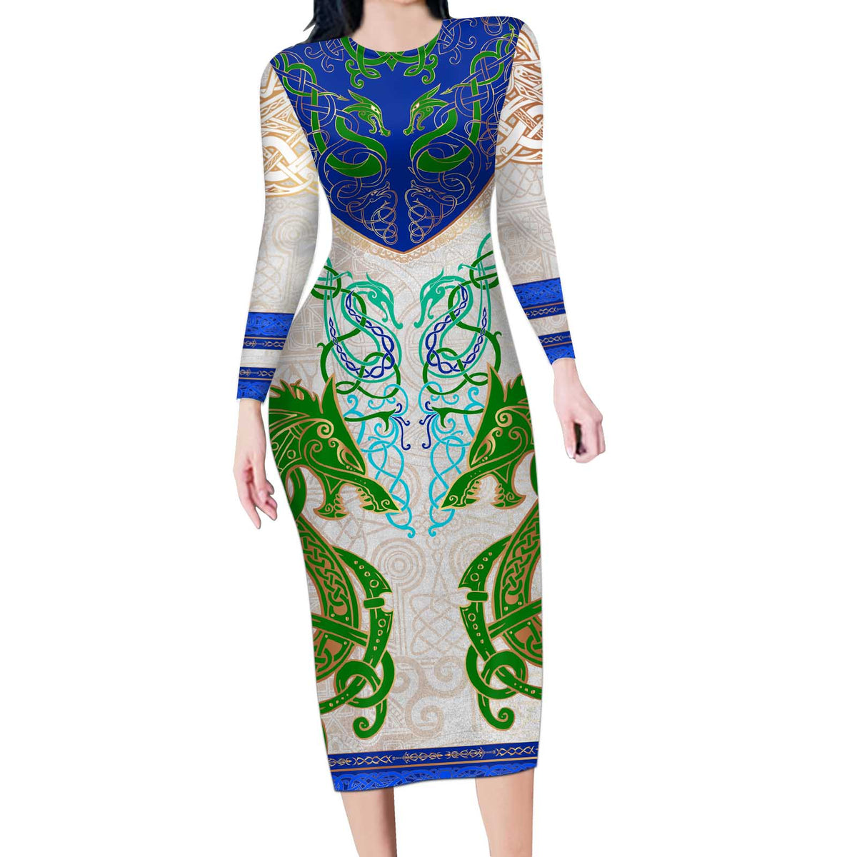 Dragon Celtic Knot Long Sleeve Bodycon Dress - Wonder Print Shop
