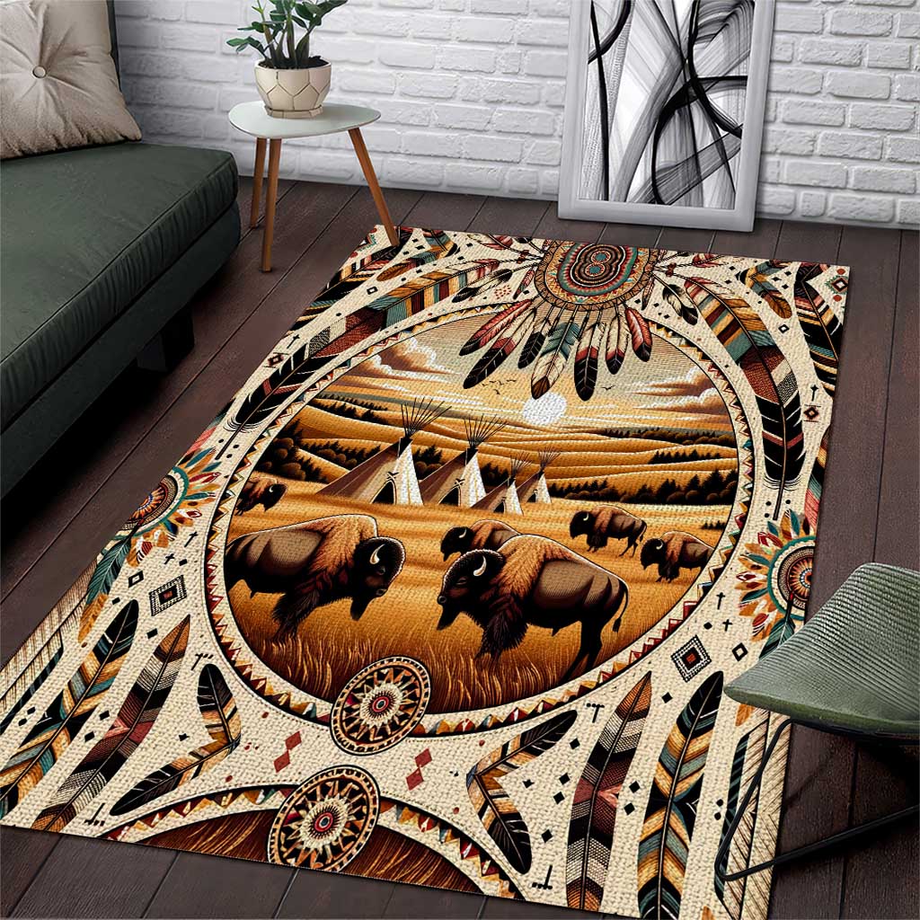 Native American Life Area Rug Teepee Village With Buffalo Bison - Wonder Print Shop