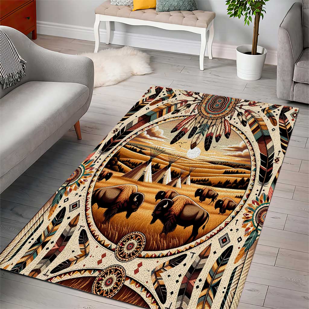 Native American Life Area Rug Teepee Village With Buffalo Bison - Wonder Print Shop