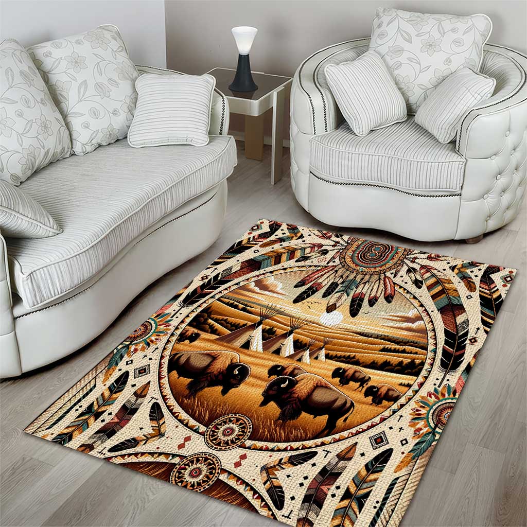 Native American Life Area Rug Teepee Village With Buffalo Bison - Wonder Print Shop