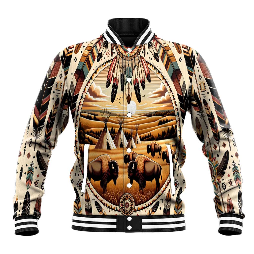 Native American Life Baseball Jacket Teepee Village With Buffalo Bison - Wonder Print Shop