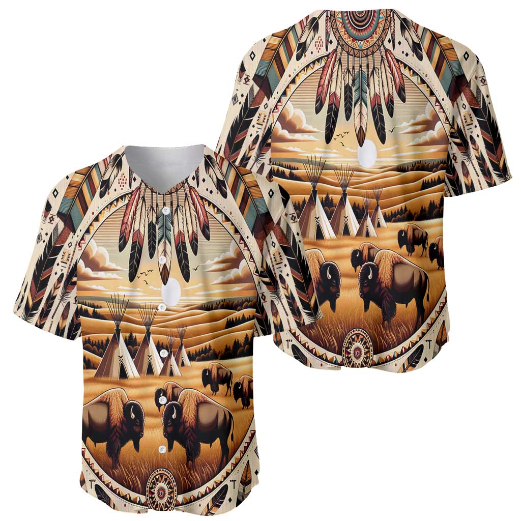 Native American Life Baseball Jersey Teepee Village With Buffalo Bison - Wonder Print Shop