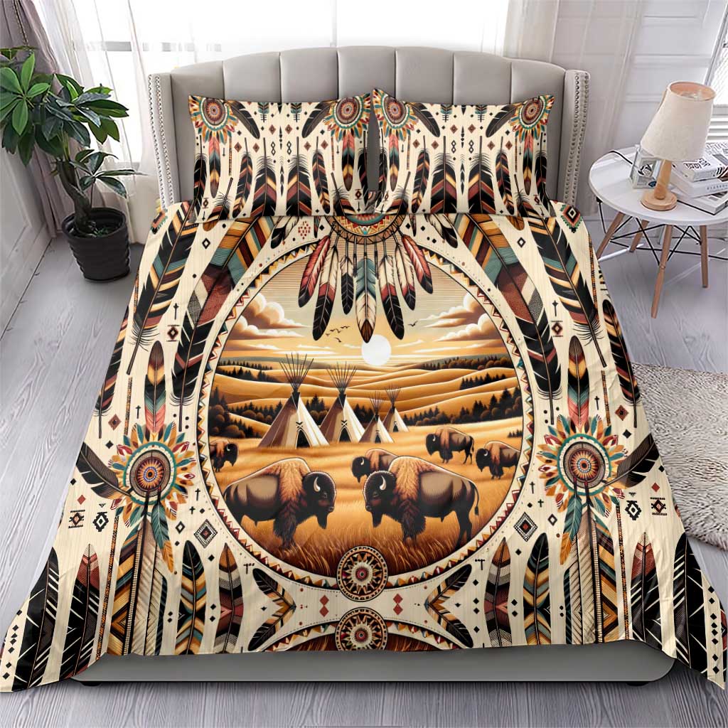 Native American Life Bedding Set Teepee Village With Buffalo Bison - Wonder Print Shop