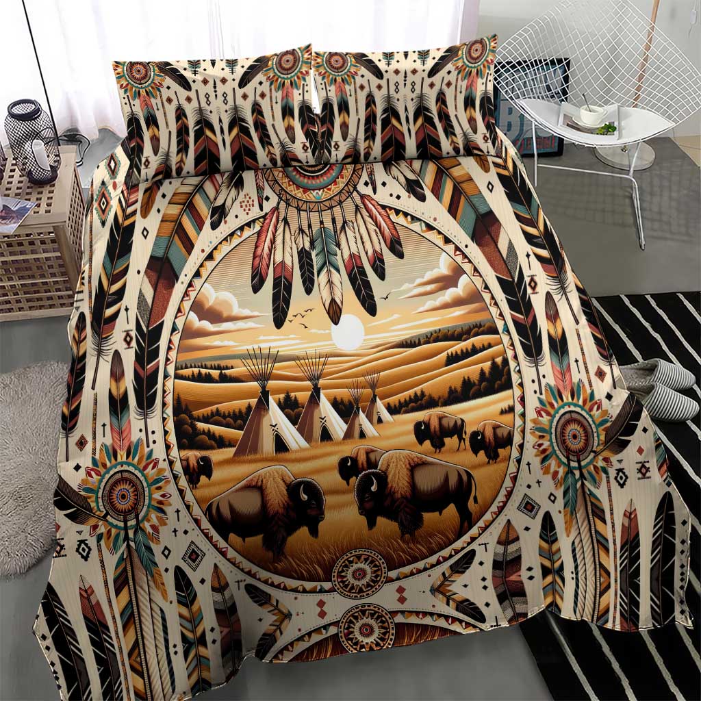 Native American Life Bedding Set Teepee Village With Buffalo Bison - Wonder Print Shop