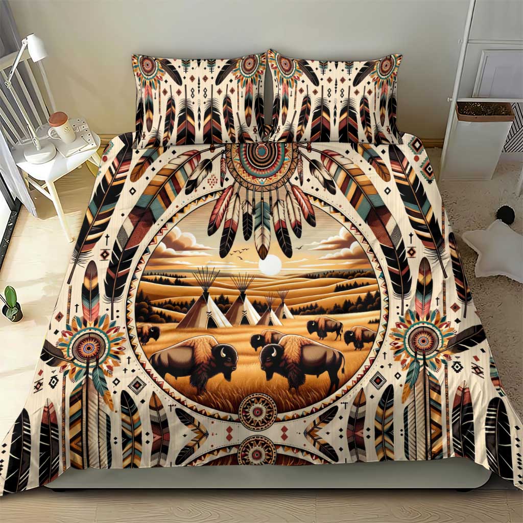 Native American Life Bedding Set Teepee Village With Buffalo Bison - Wonder Print Shop