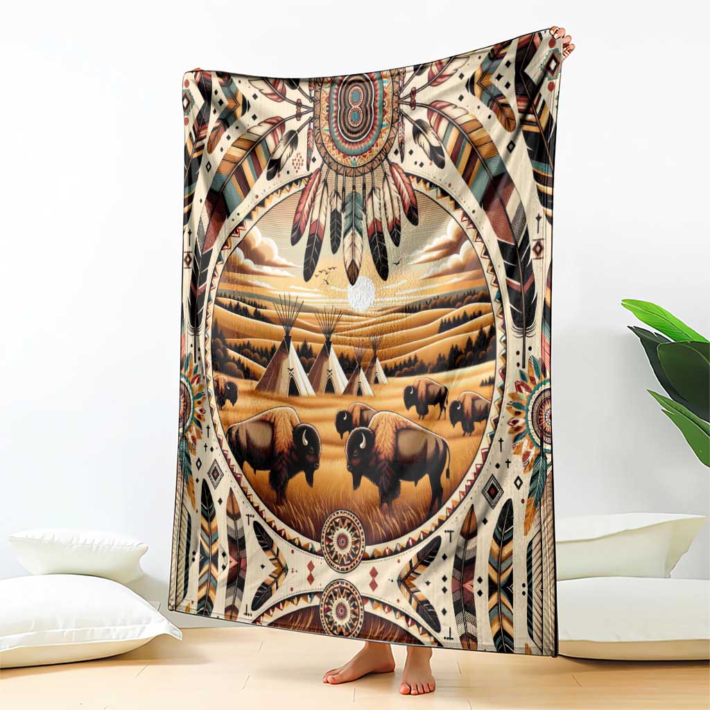Native American Life Blanket Teepee Village With Buffalo Bison