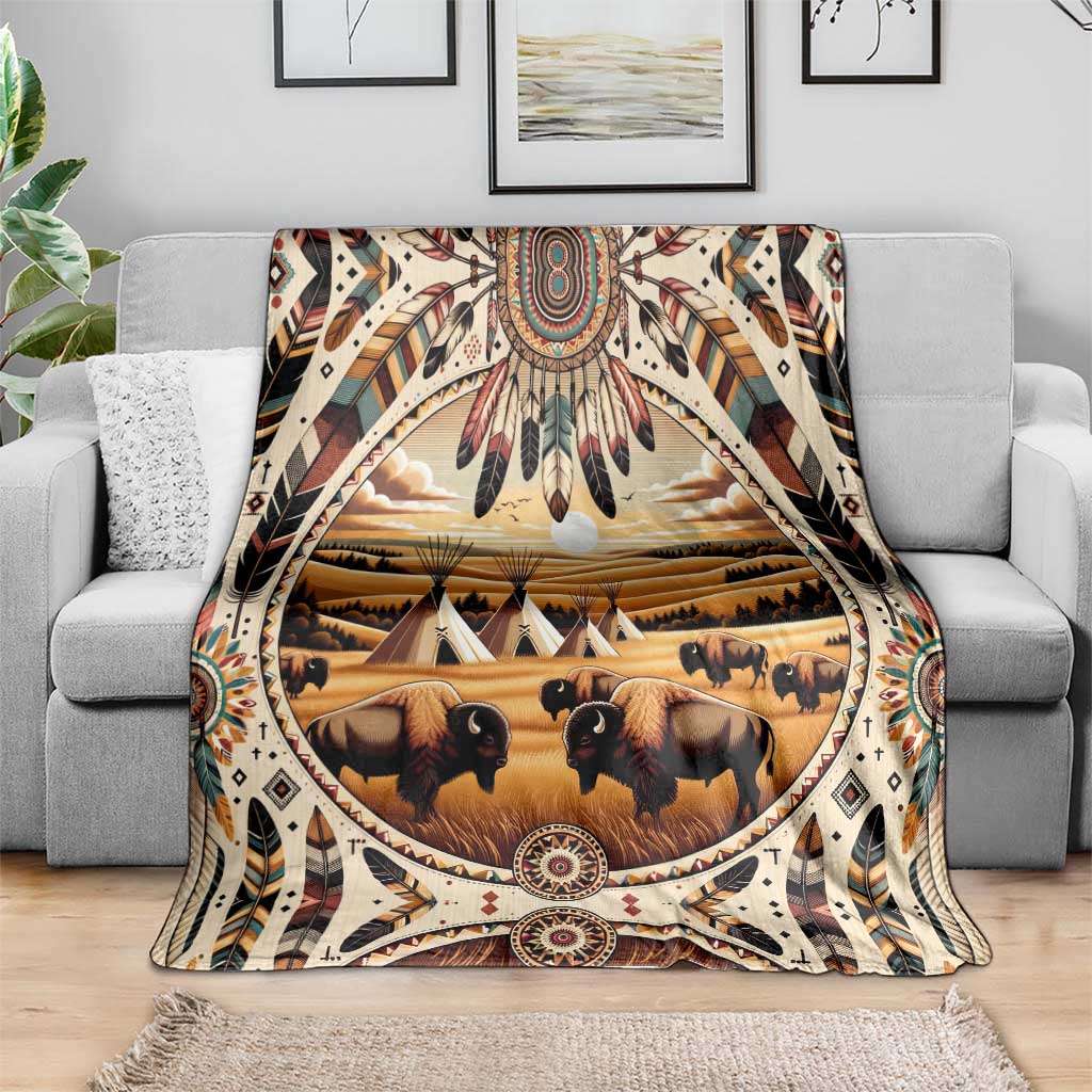 Native American Life Blanket Teepee Village With Buffalo Bison