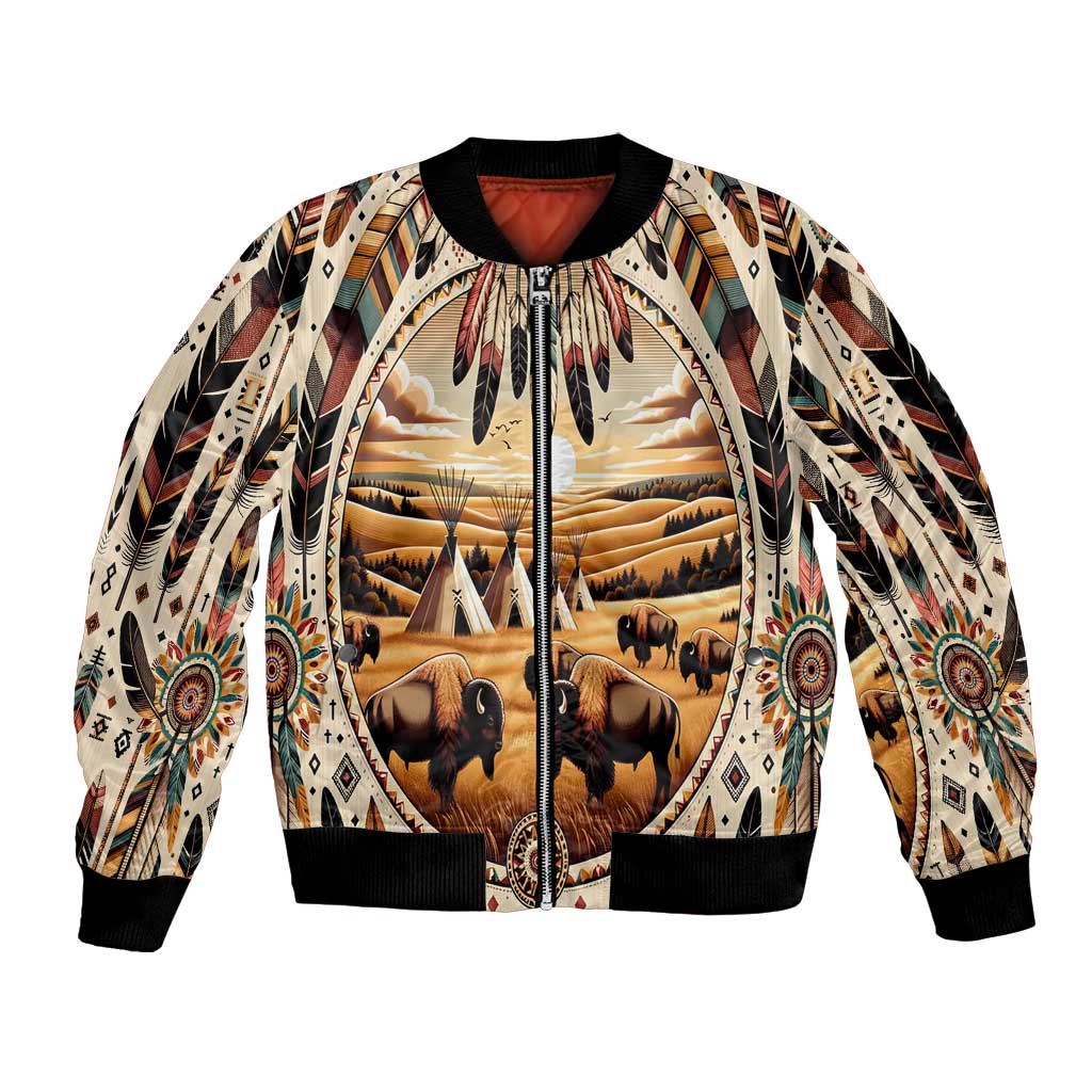 Native American Life Bomber Jacket Teepee Village With Buffalo Bison - Wonder Print Shop